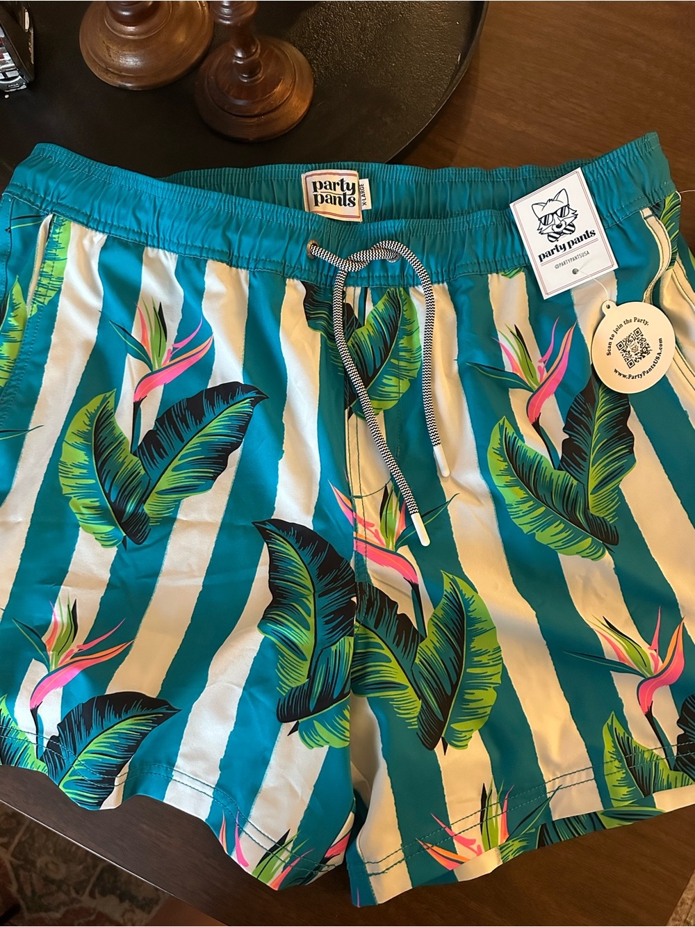 XL - Men’s Party Pants Swim Shorts - blue plants stripes